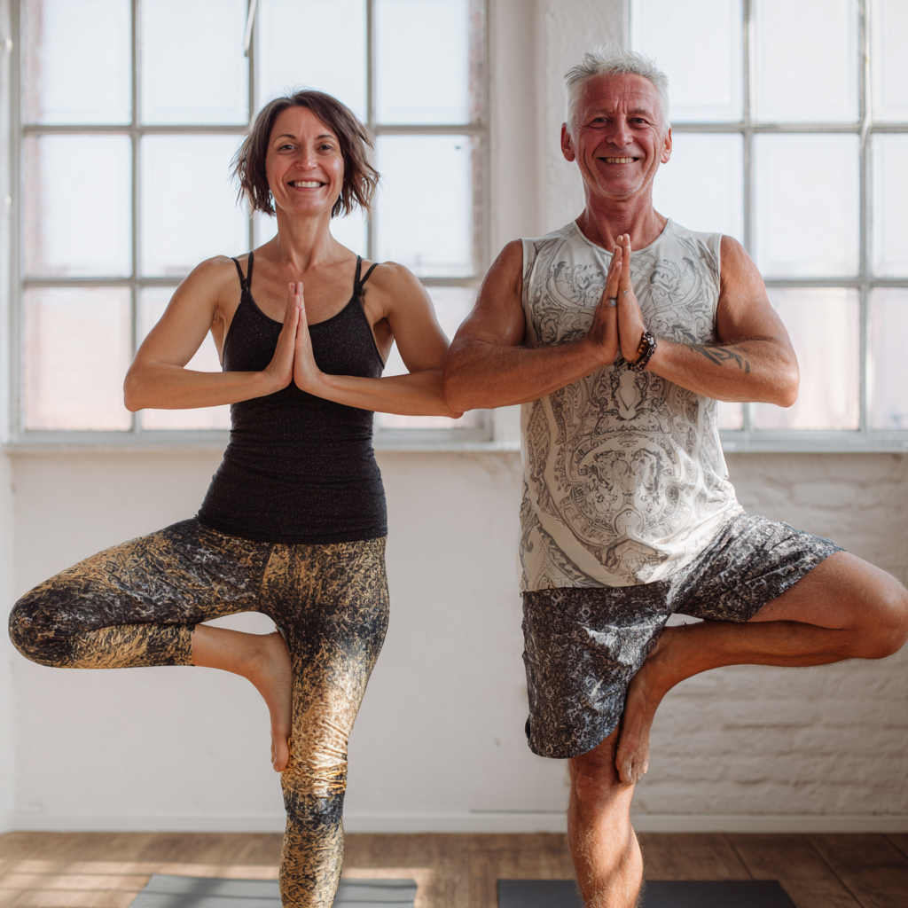 Middle-aged Hungarian woman practicing yoga poses outdoors in a peaceful garden setting, demonstrating flexibility and strength